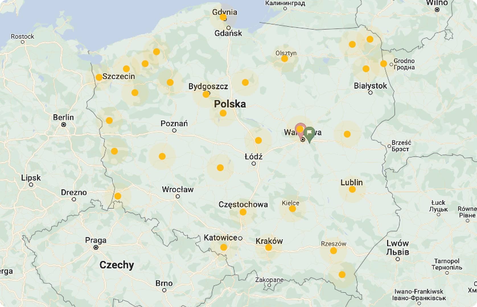 Mapa Polski z zaznaczonymi punktami